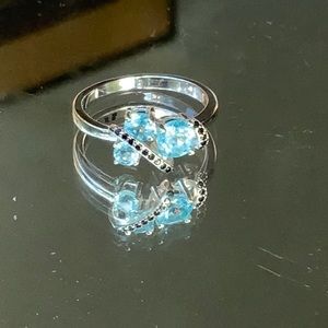 NEON BLUE APATITE & BLACK SPINEL 925 STERLING SILVER RING, SIZE 6.5